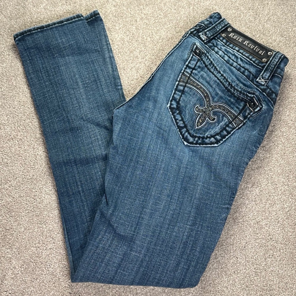 Rock‎ Revival Amy Skinny Jeans Women Size 27 Blue Denim Embellished Pockets